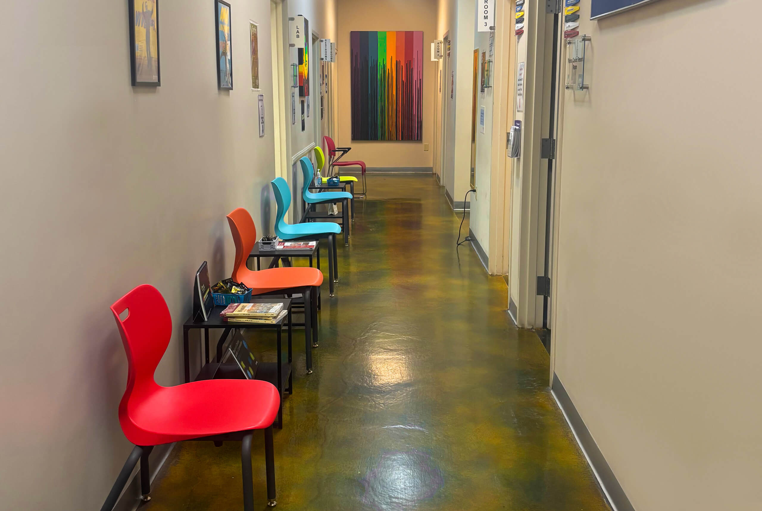 CenterHallway Chairs lining the hallway of the patient rooms at The LGBTQ Center